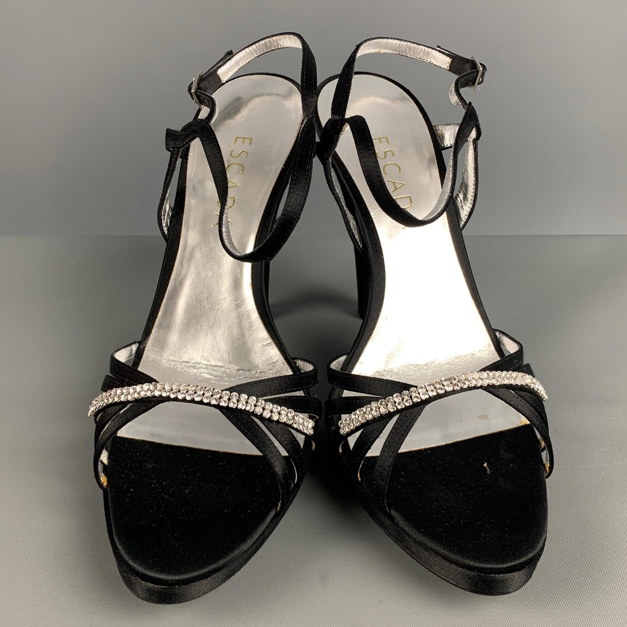 ESCADA Size 9 Black Silver Silk Rhinestones Ankle Strap Sandals en vente 1