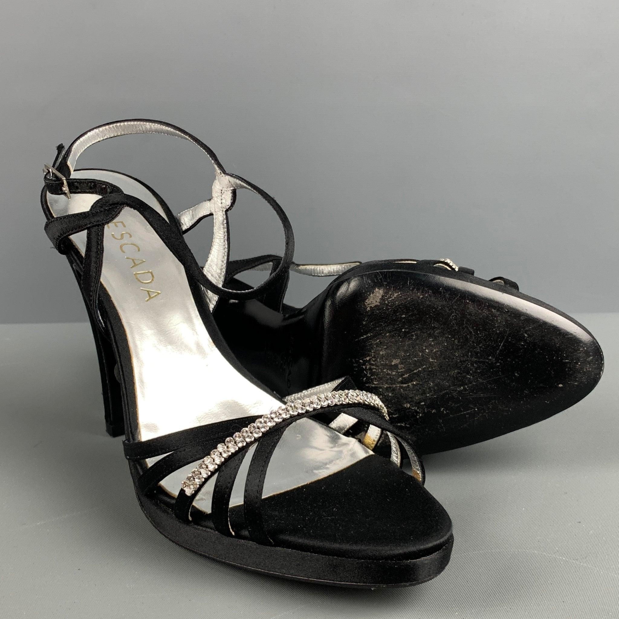 ESCADA Size 9 Black Silver Silk Rhinestones Ankle Strap Sandals For Sale 2