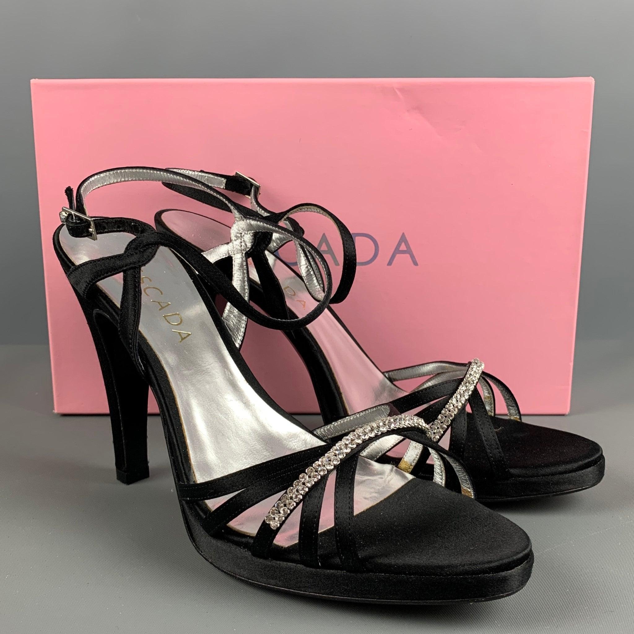 ESCADA Size 9 Black Silver Silk Rhinestones Ankle Strap Sandals For Sale 5