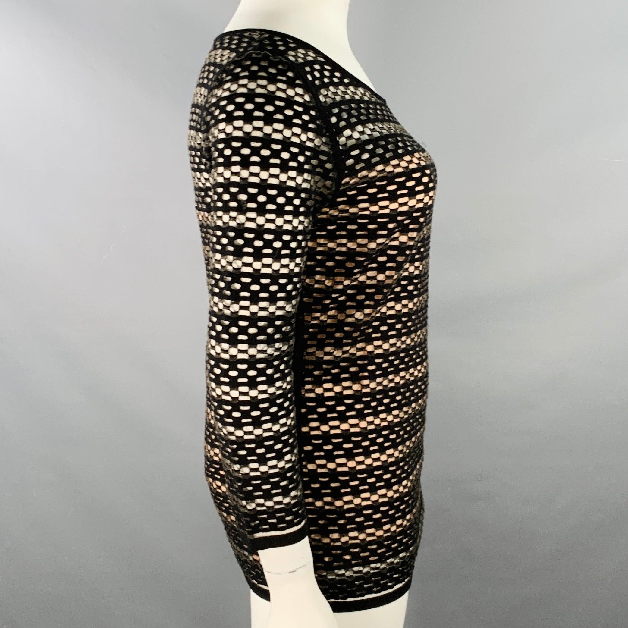 Noir ESCADA Size L Black Nude Viscose Blend Textured Stripe 3/4 Sleeves Scoop Neck Casual Top en vente
