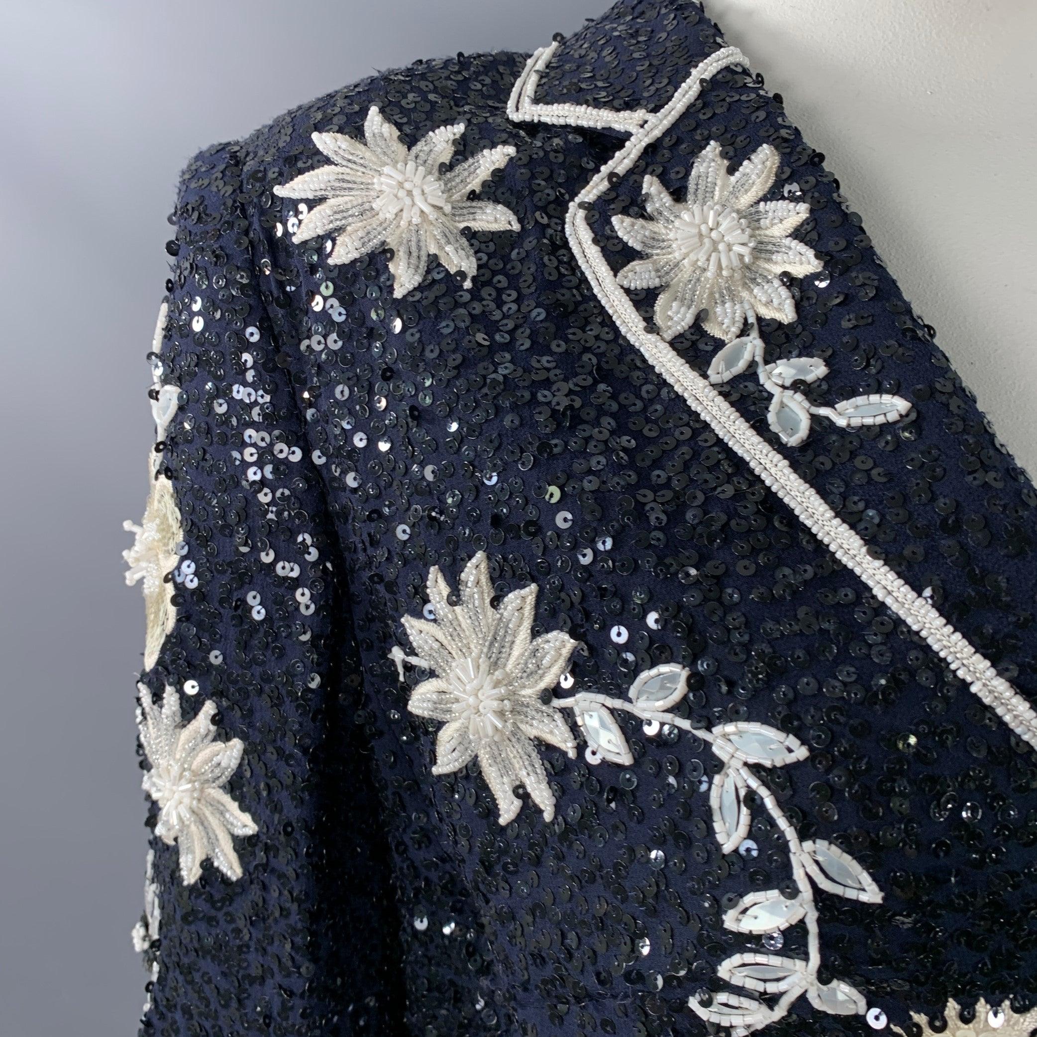 Nero ESCADA Giacca Blazer con paillettes e fiori di perline Taglia L Navy Black White in vendita