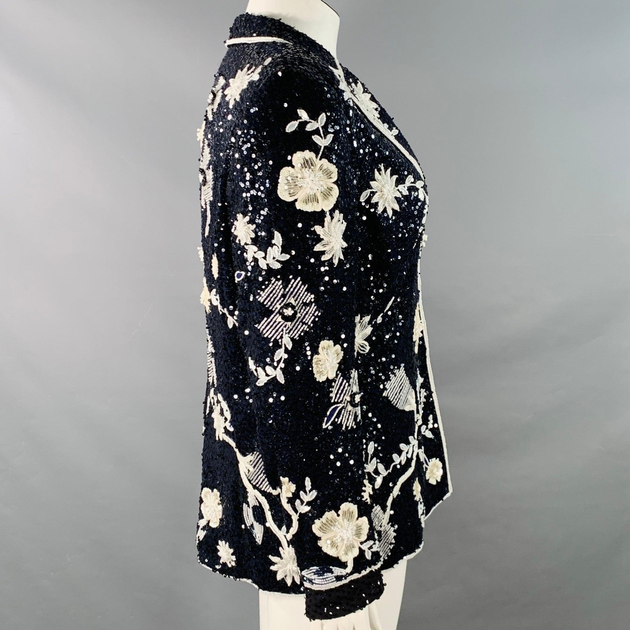 Donna ESCADA Giacca Blazer con paillettes e fiori di perline Taglia L Navy Black White in vendita