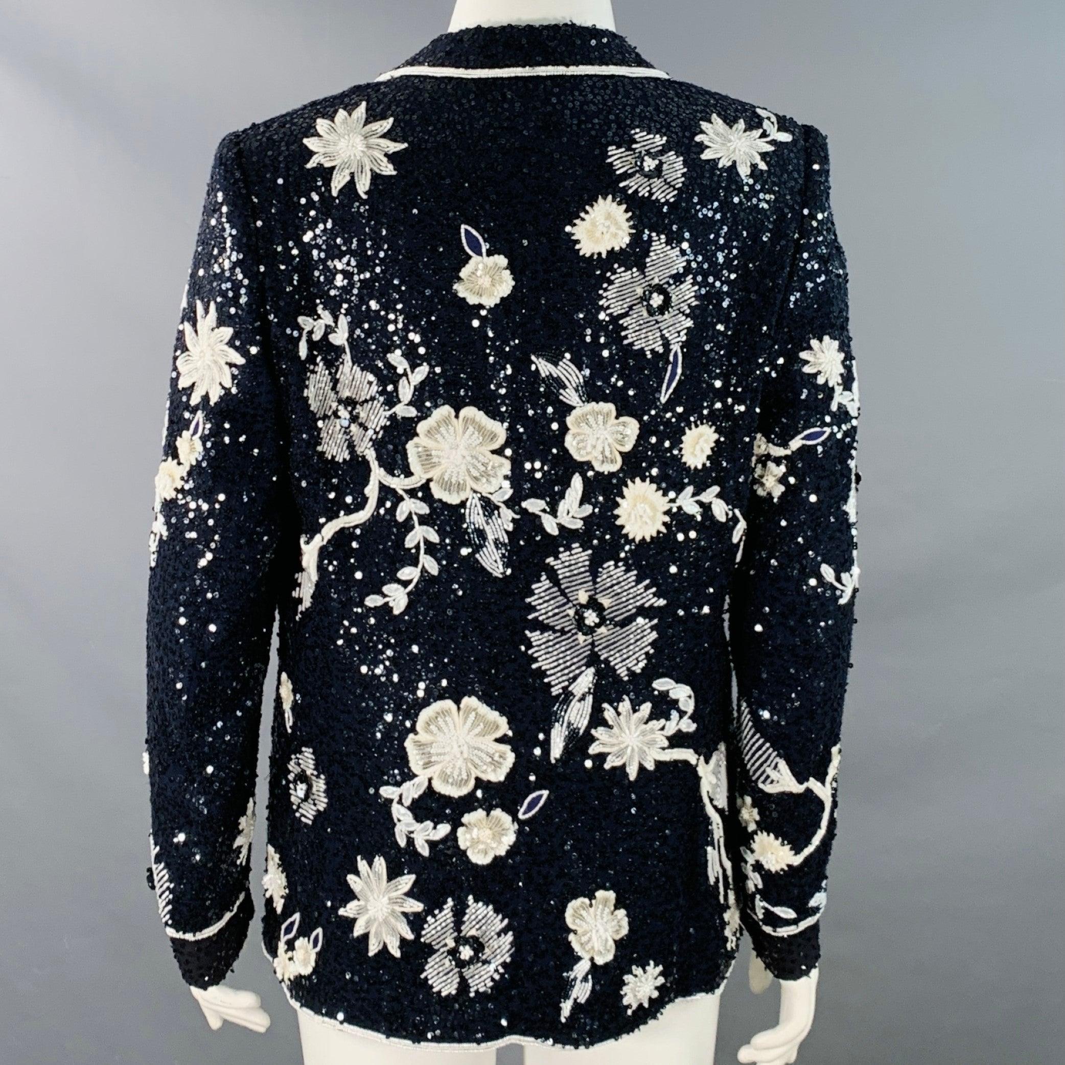 ESCADA Giacca Blazer con paillettes e fiori di perline Taglia L Navy Black White in vendita 1