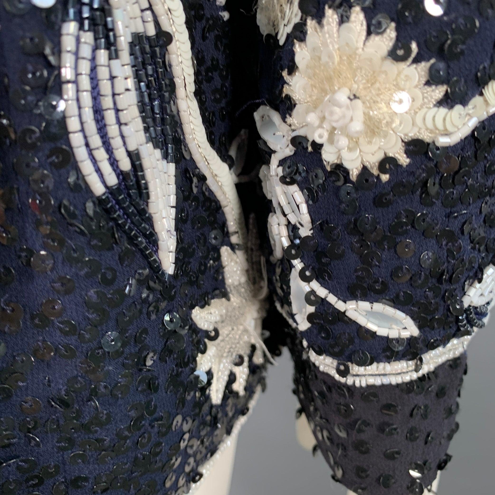 ESCADA Giacca Blazer con paillettes e fiori di perline Taglia L Navy Black White in vendita 2