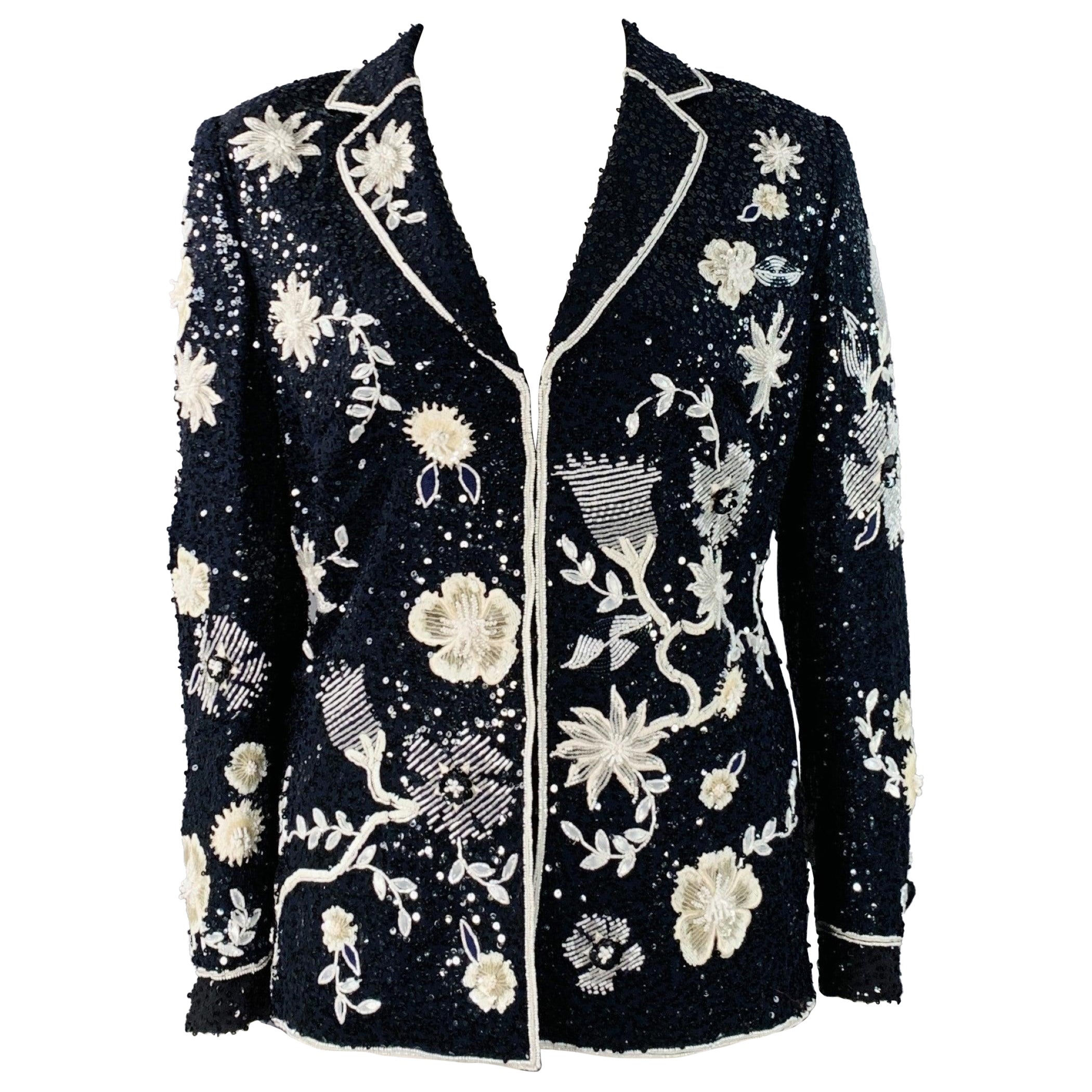 ESCADA Giacca Blazer con paillettes e fiori di perline Taglia L Navy Black White in vendita