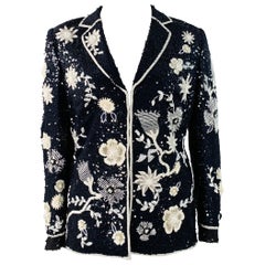 ESCADA Giacca Blazer con paillettes e fiori di perline Taglia L Navy Black White