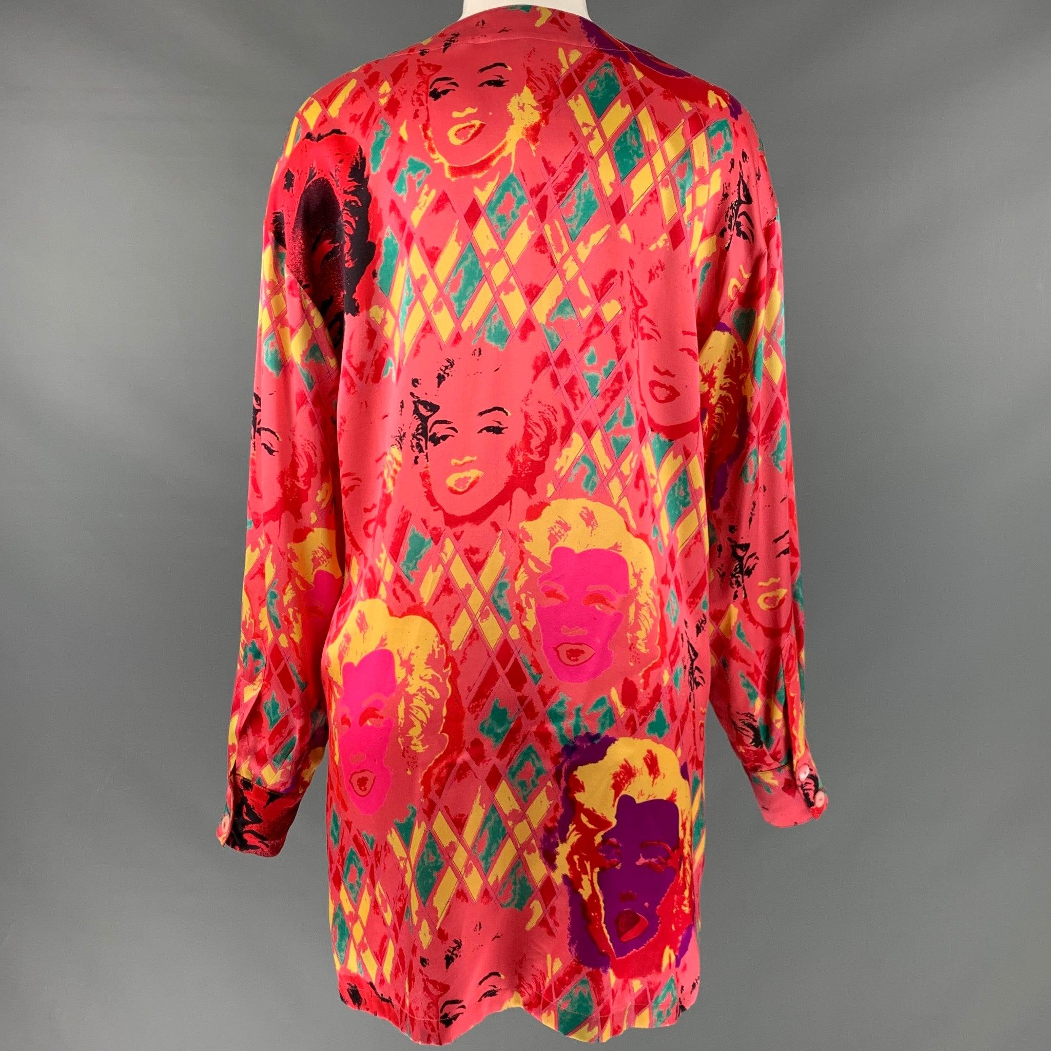 Women's ESCADA Size M Pink Multi-Color Marilyn Silk Print Collarless Shirt For Sale