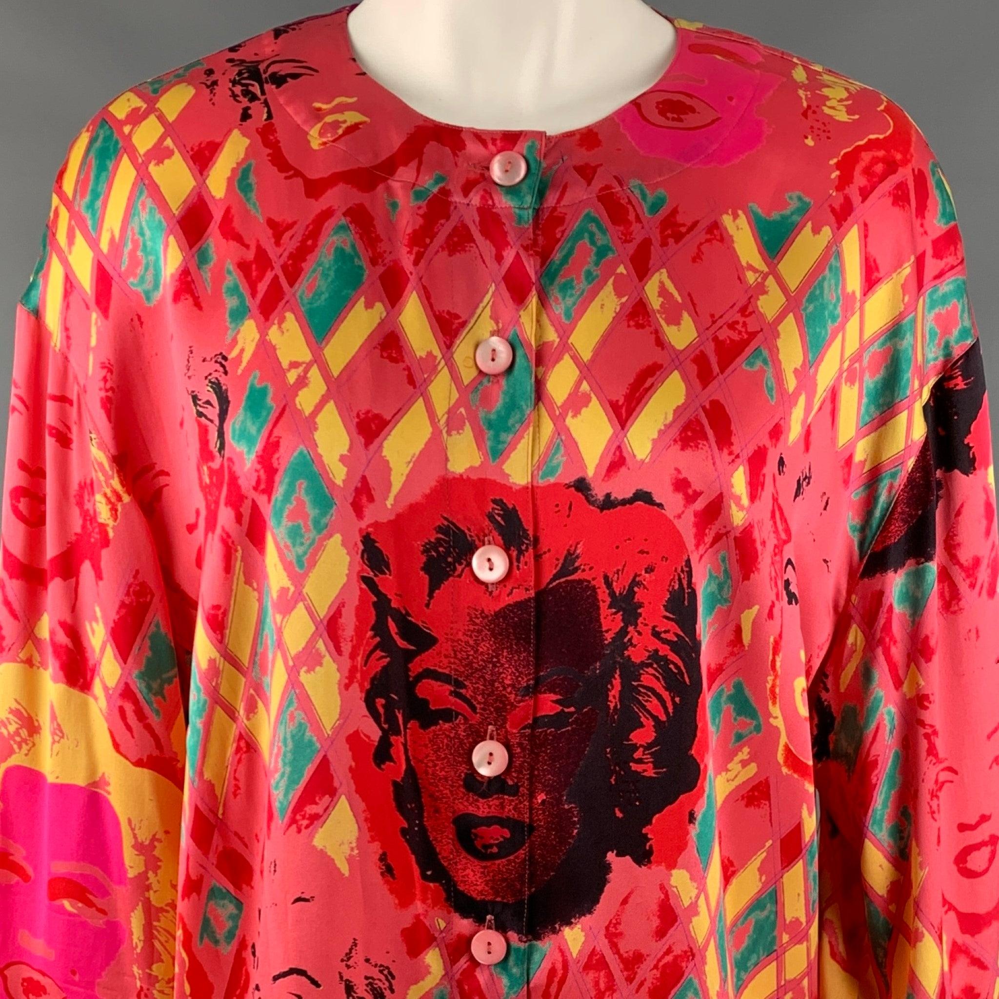 ESCADA Size M Pink Multi-Color Marilyn Silk Print Collarless Shirt For Sale 2