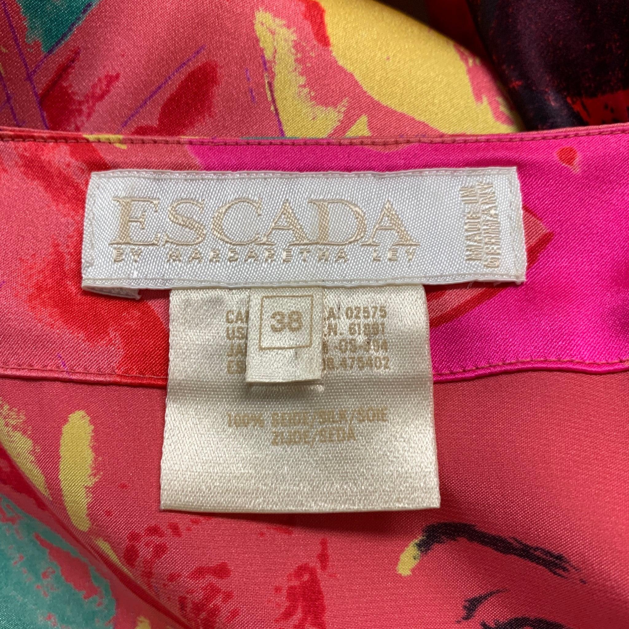 ESCADA Size M Pink Multi-Color Marilyn Silk Print Collarless Shirt For Sale 3