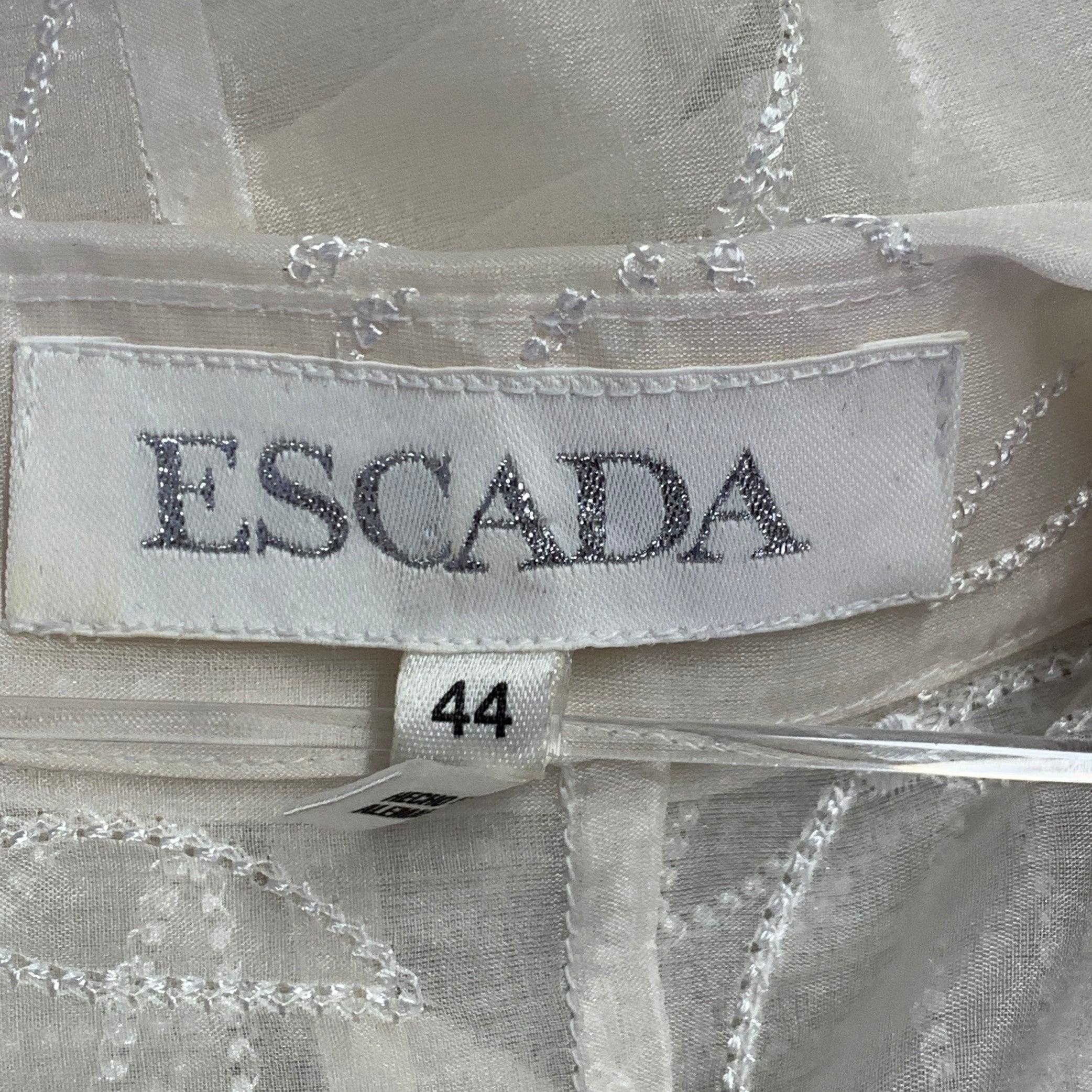 ESCADA Talla XL Camisa de seda bordada con volantes y botones en blanco roto en venta 1