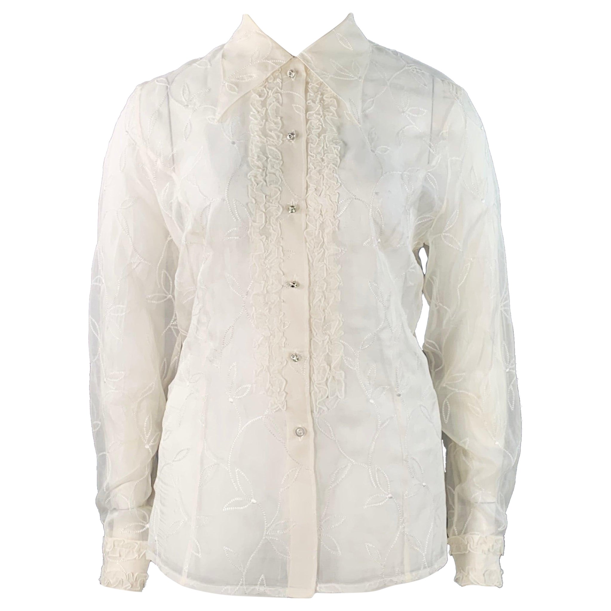 ESCADA Size XL Off White Silk Sheer Embroidered Ruffled Button Up Shirt