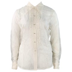 ESCADA Size XL Off White Silk Sheer Embroidered Ruffled Button Up Shirt