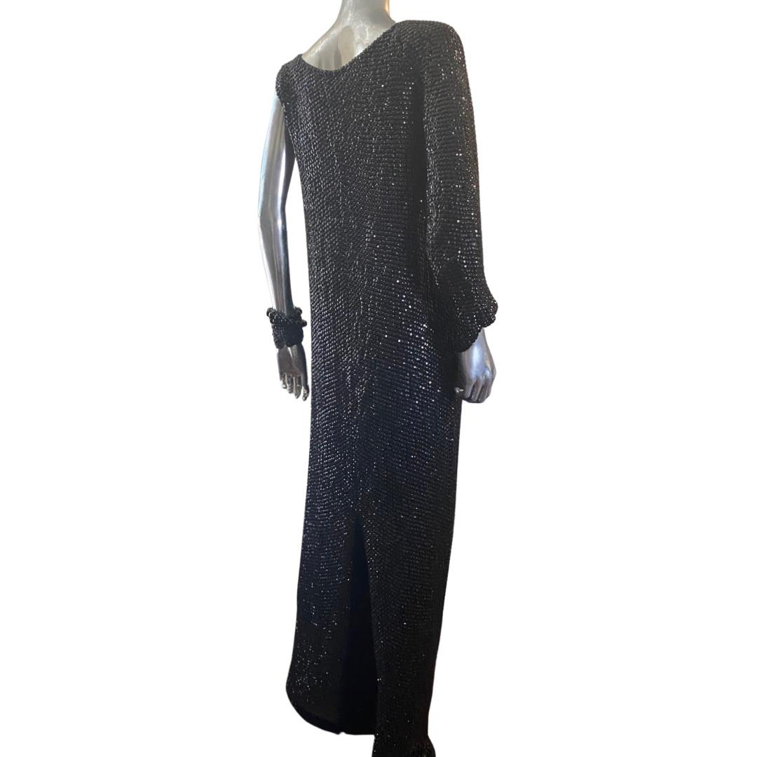 Escada Spectacular One Sleeve Black Jet Hand-Beaded Dress NWT Size 6 For Sale 1