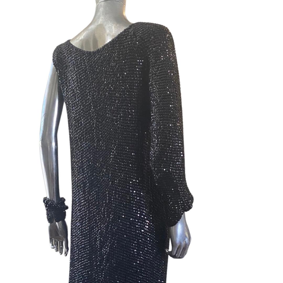 Escada Spectacular One Sleeve Black Jet Hand-Beaded Dress NWT Size 6 For Sale 2