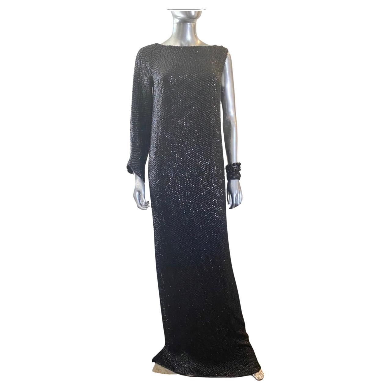 Escada Spectacular One Sleeve Black Jet Hand-Beaded Dress NWT Size 6 For Sale