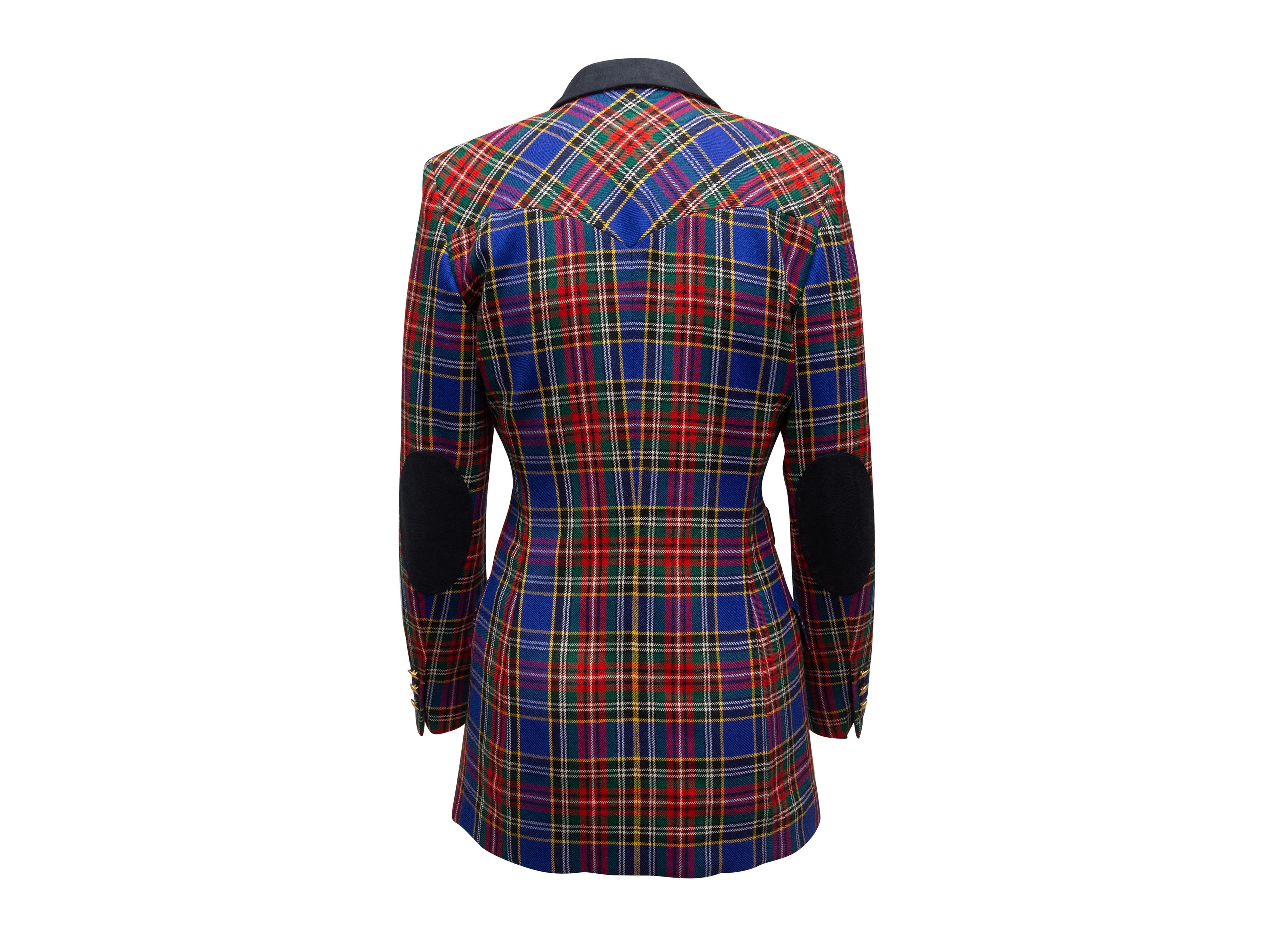 Product details: Blue and multicolor virgin wool plaid blazer by Escada Sport. Notched lapel. Three flap pockets. Button closures at front. Designer size 34. 36