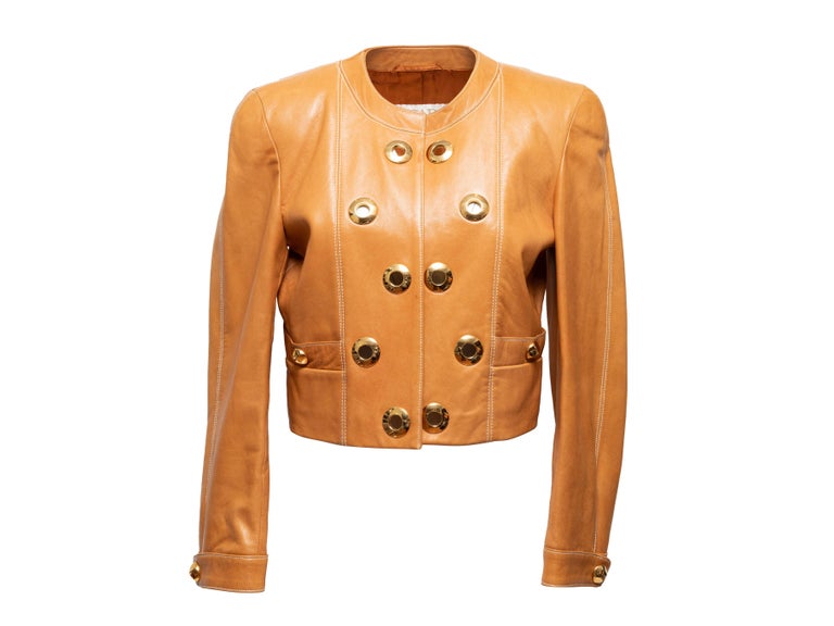 Escada Tan Cropped Leather Grommet Jacket In Good Condition In New York, NY