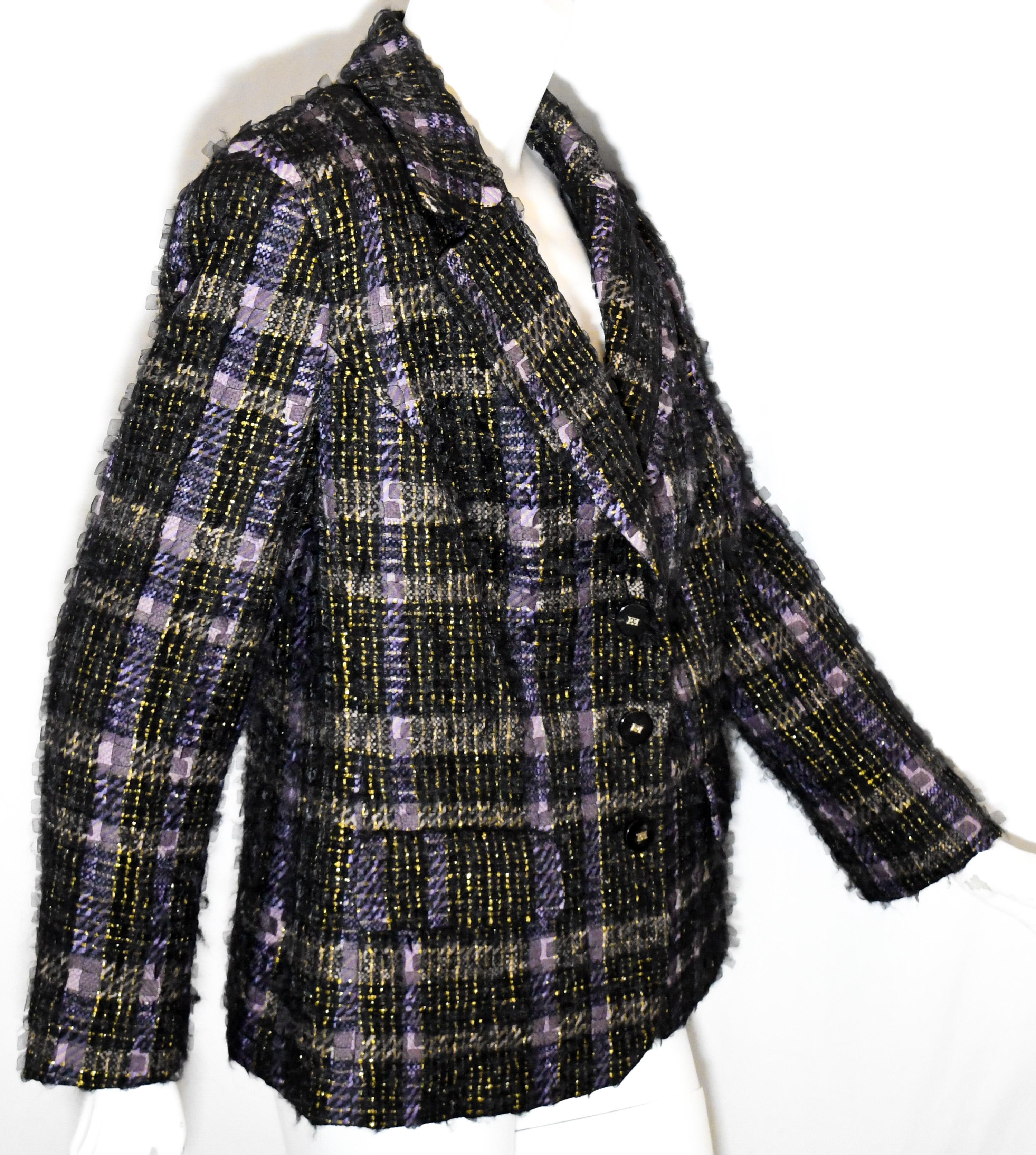 Escada Tweed Purple, Black  & Gold Tone Thread Jacket In Excellent Condition For Sale In Palm Beach, FL