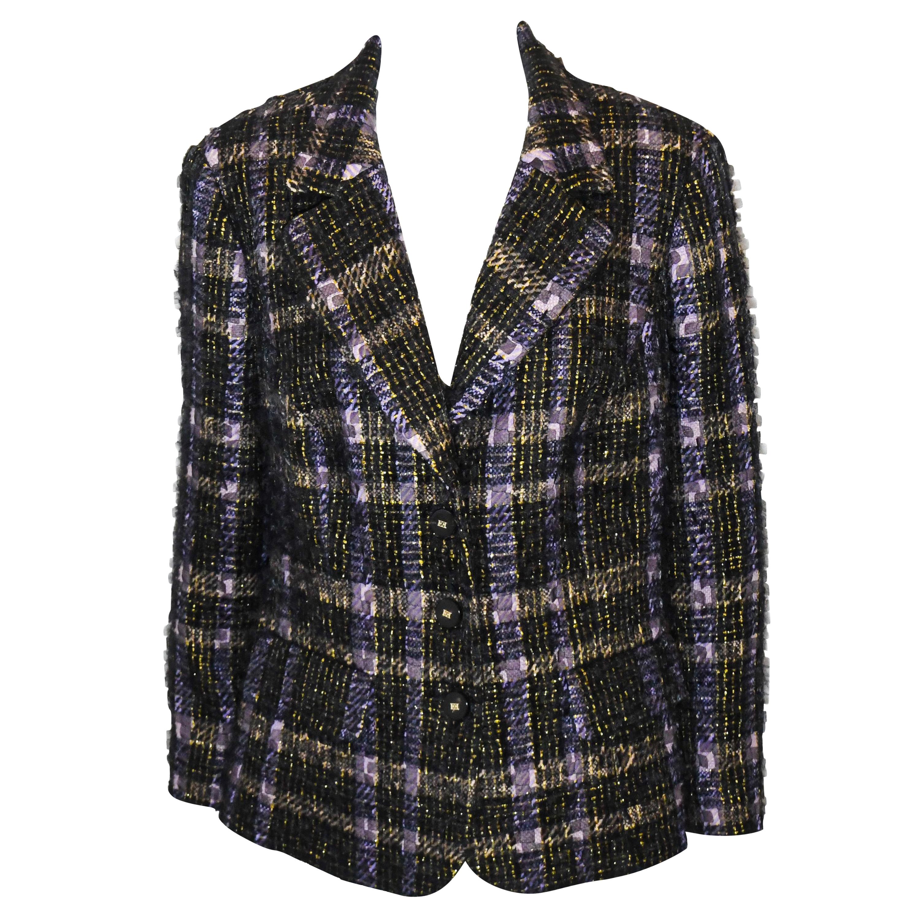 Escada Tweed Purple, Black  & Gold Tone Thread Jacket For Sale