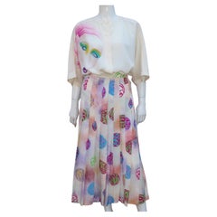 Escada Two Piece Silk Dress With 1980's Airbrush Style Art Print