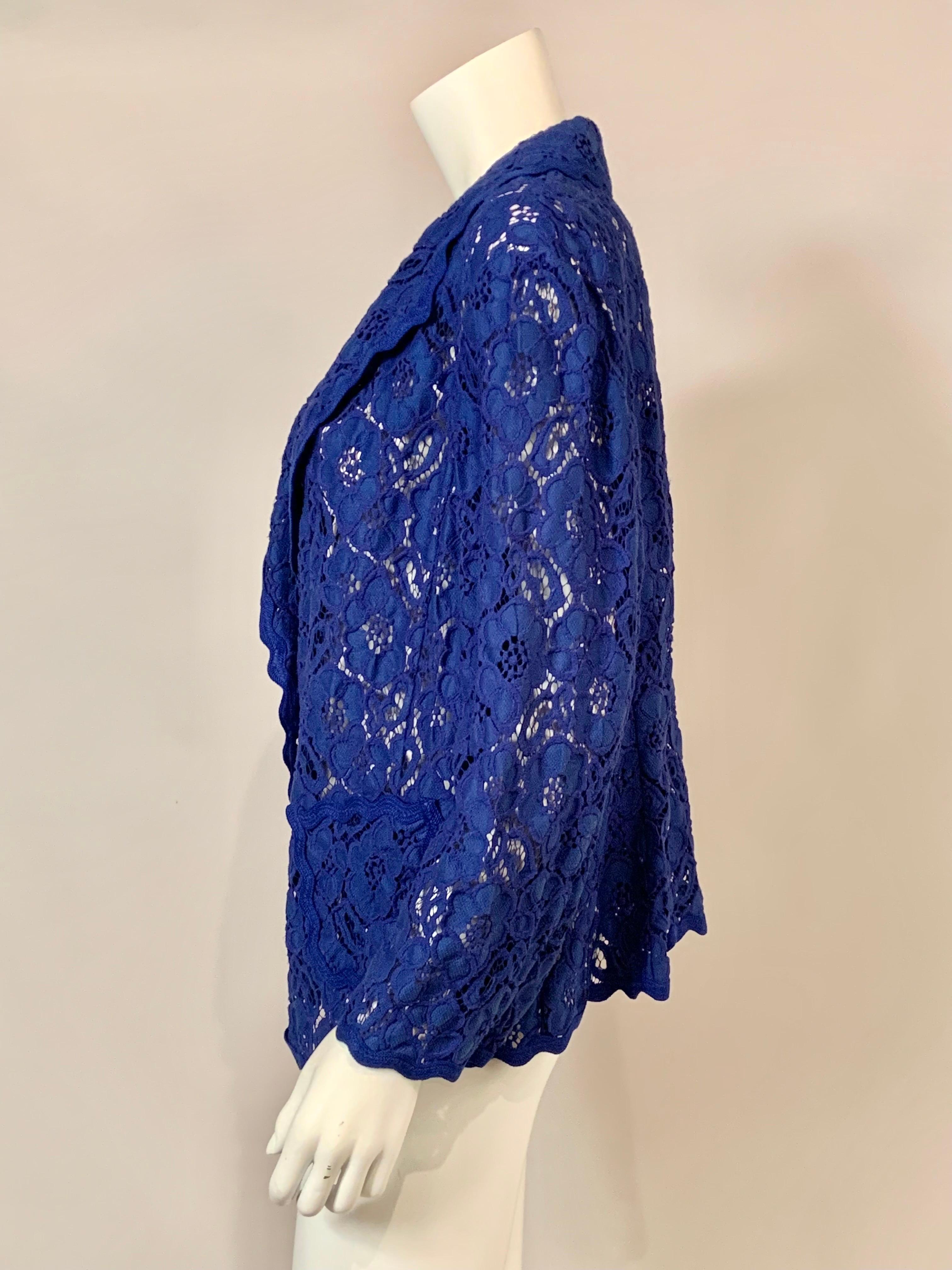 Escada Unlined Blue Lace Jacket in a Larger Size In Excellent Condition For Sale In New Hope, PA