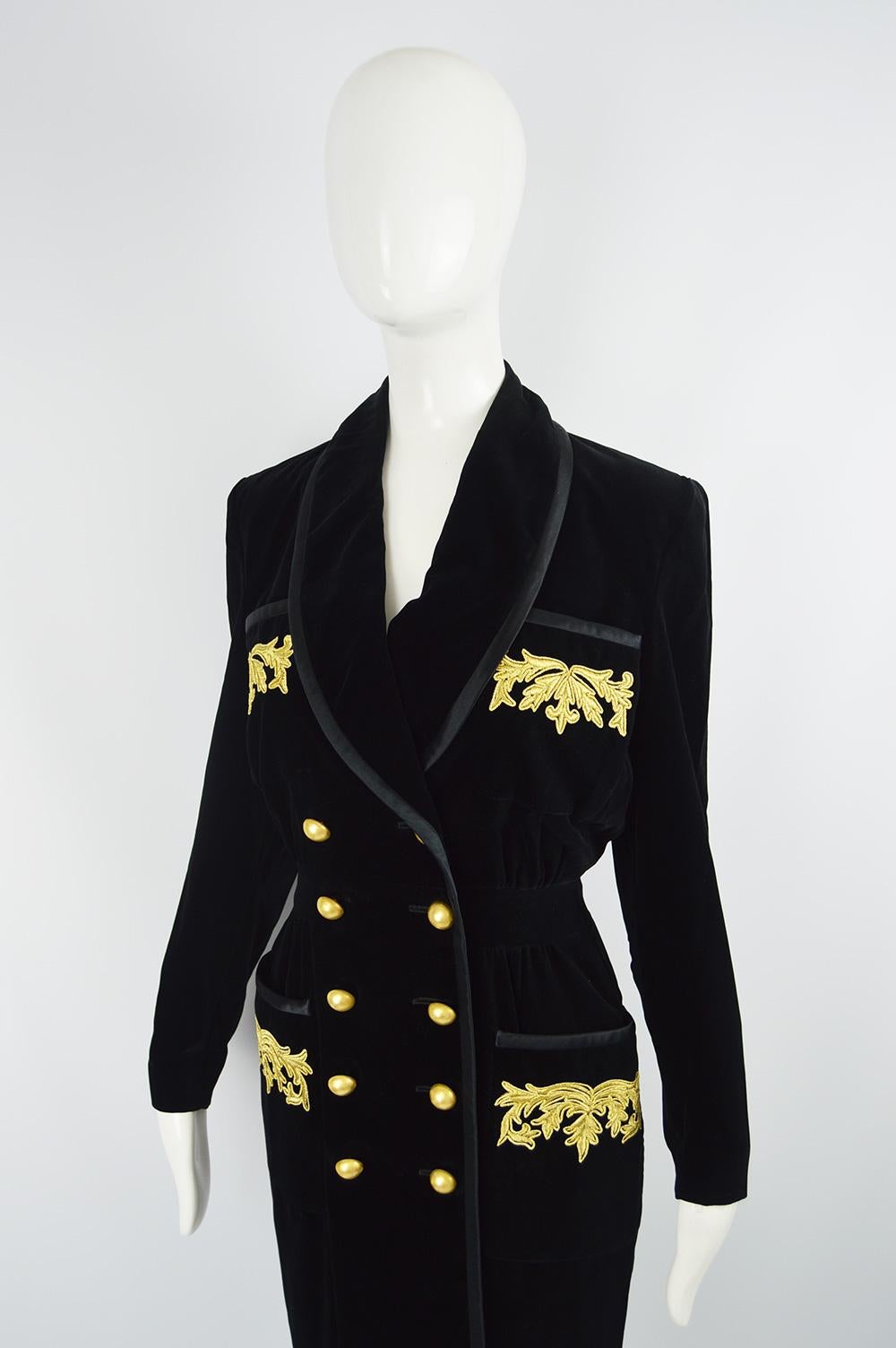 Escada Vintage 1980s Black Velvet Gold Lamé Embroidered Evening Dress 1