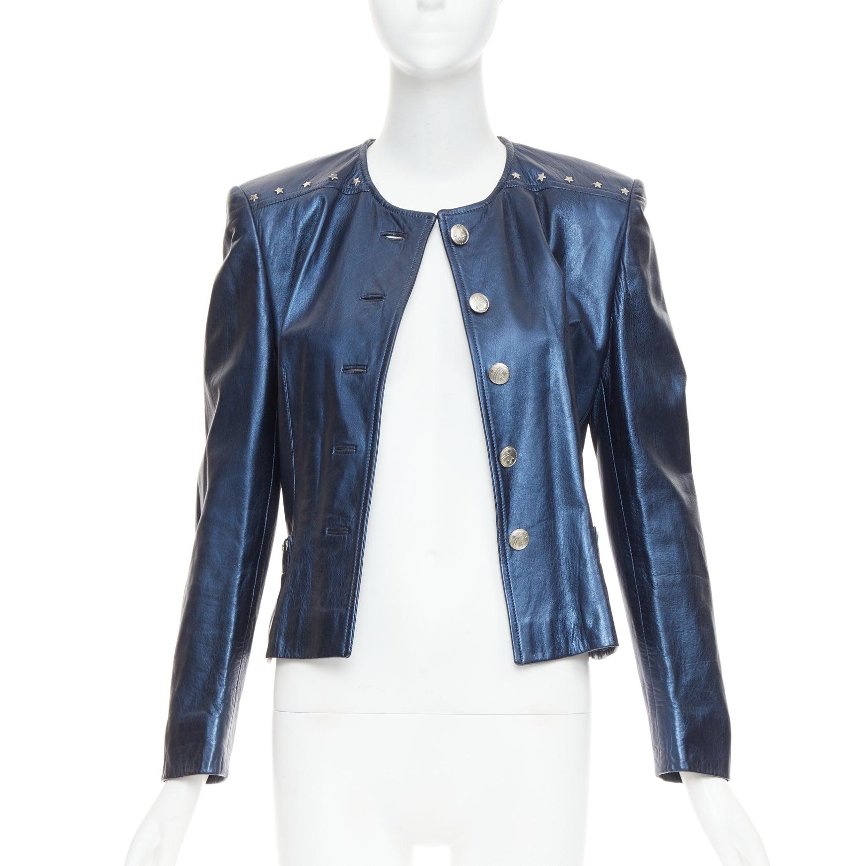 Blue ESCADA Vintage 1980s Starry Night metallic blue leather stud jacket FR34 S For Sale