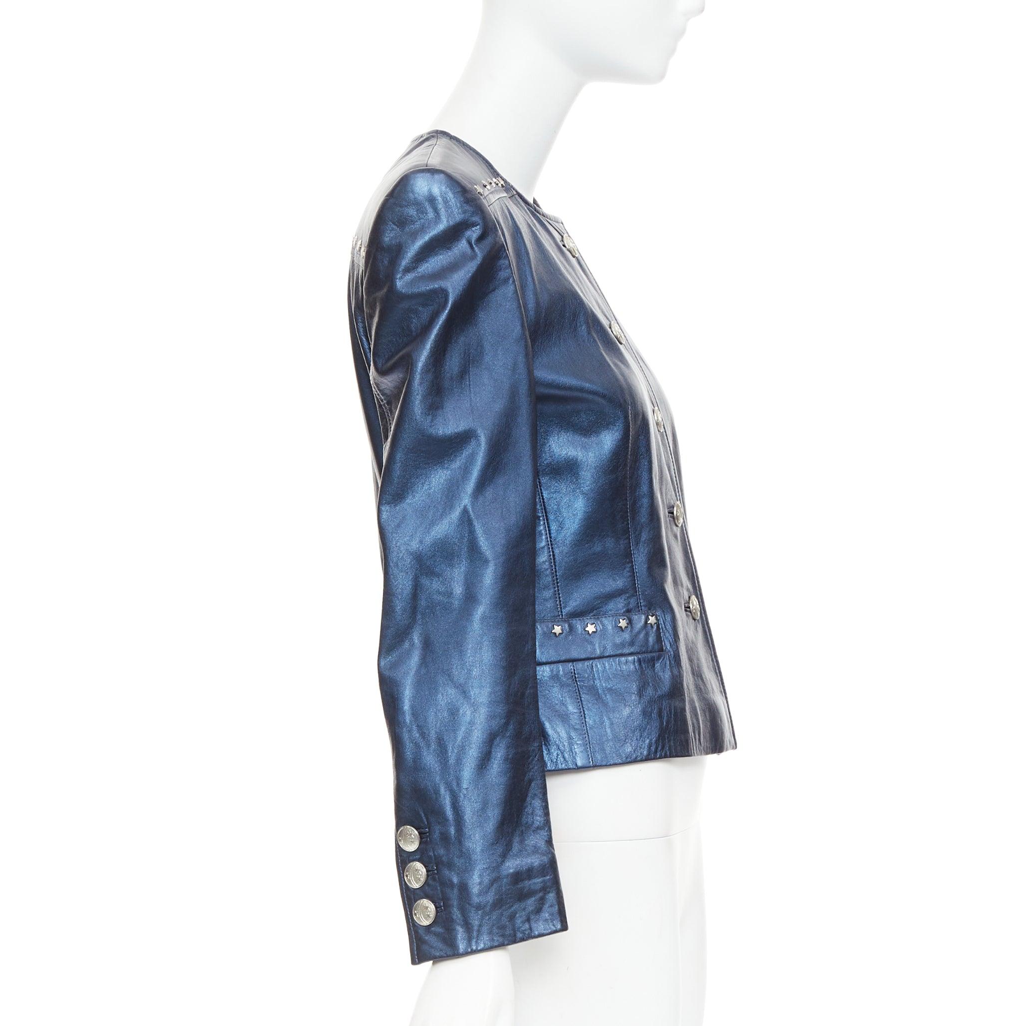 Women's ESCADA Vintage 1980s Starry Night metallic blue leather stud jacket FR34 S For Sale