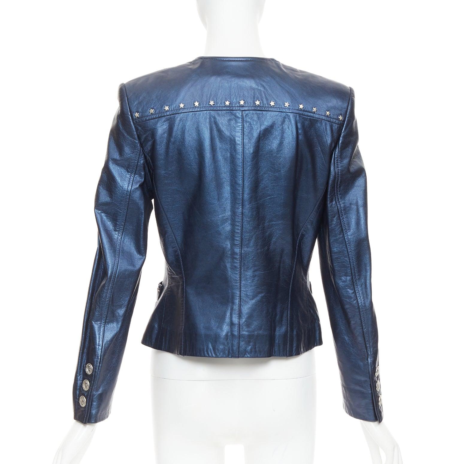 ESCADA Vintage 1980s Starry Night metallic blue leather stud jacket FR34 S For Sale 1