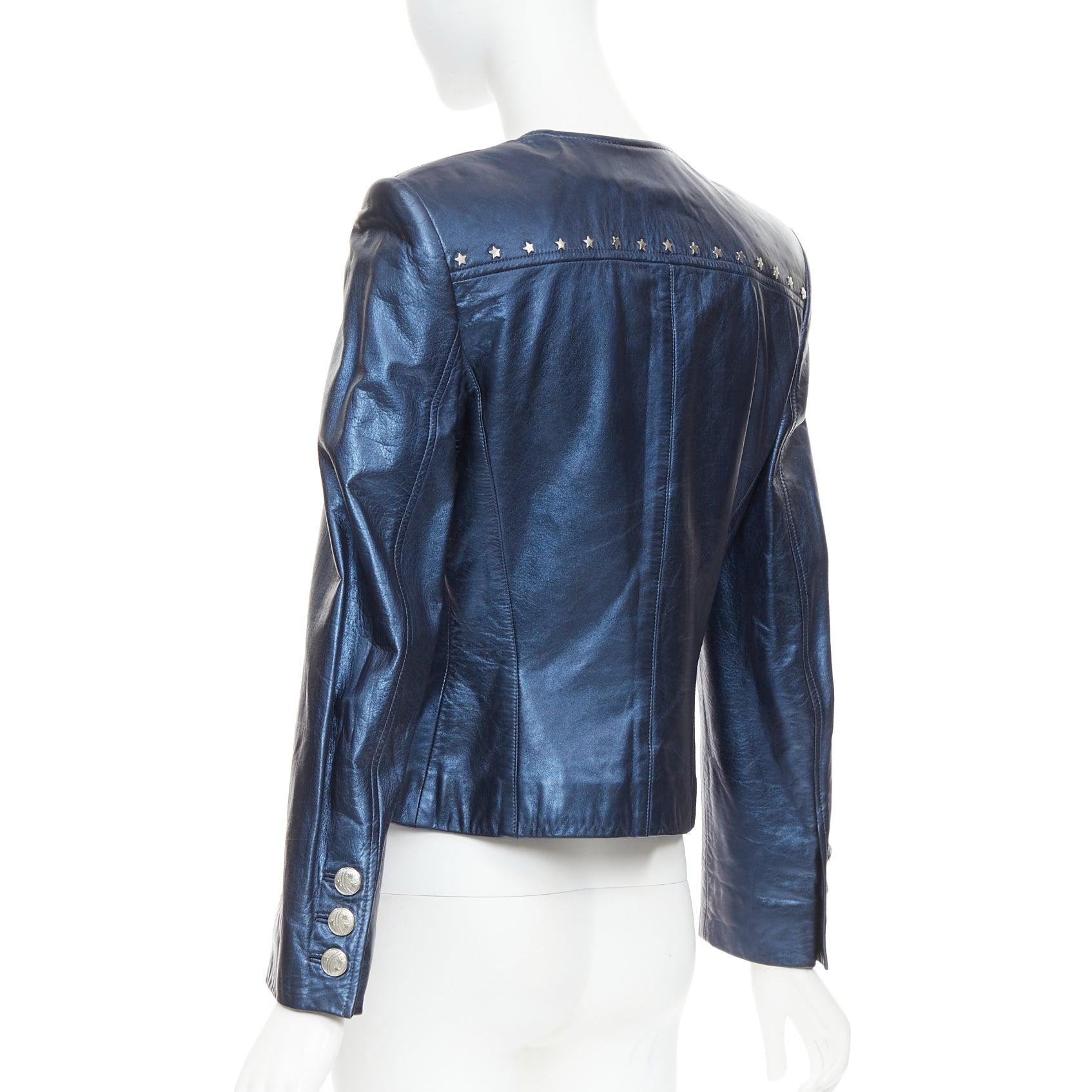ESCADA Vintage 1980s Starry Night metallic blue leather stud jacket FR34 S For Sale 2