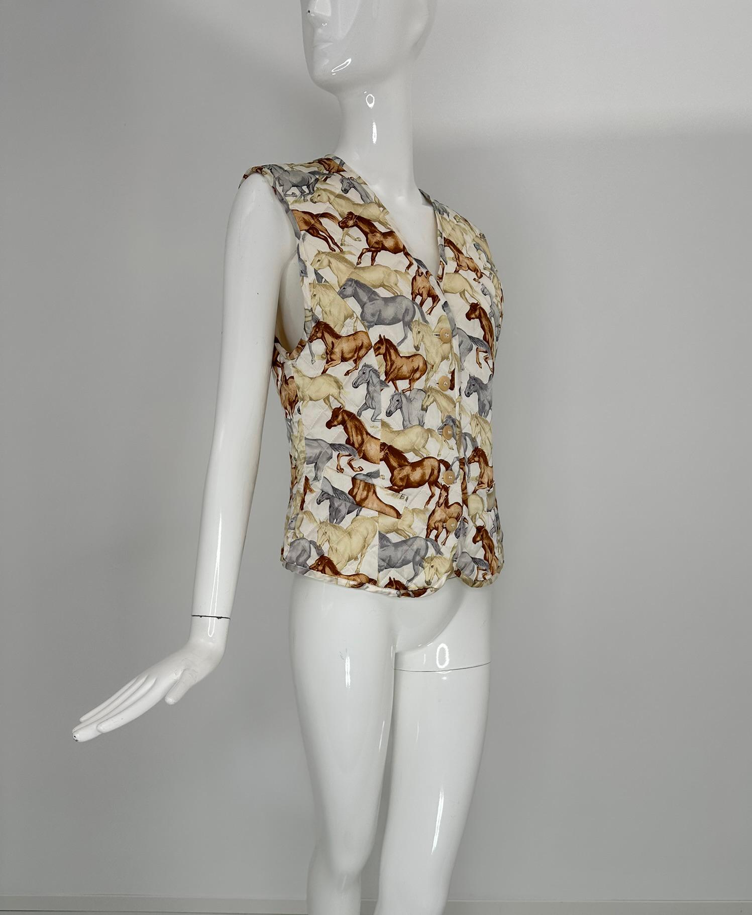 Escada Vintage 1980s  Wild Horses Quilted Silk Print Vest 38 Marrón en venta
