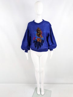Escada Vintage 80s Dark Blue Mohair Womens Rooster Sweater Jumper,  1980s