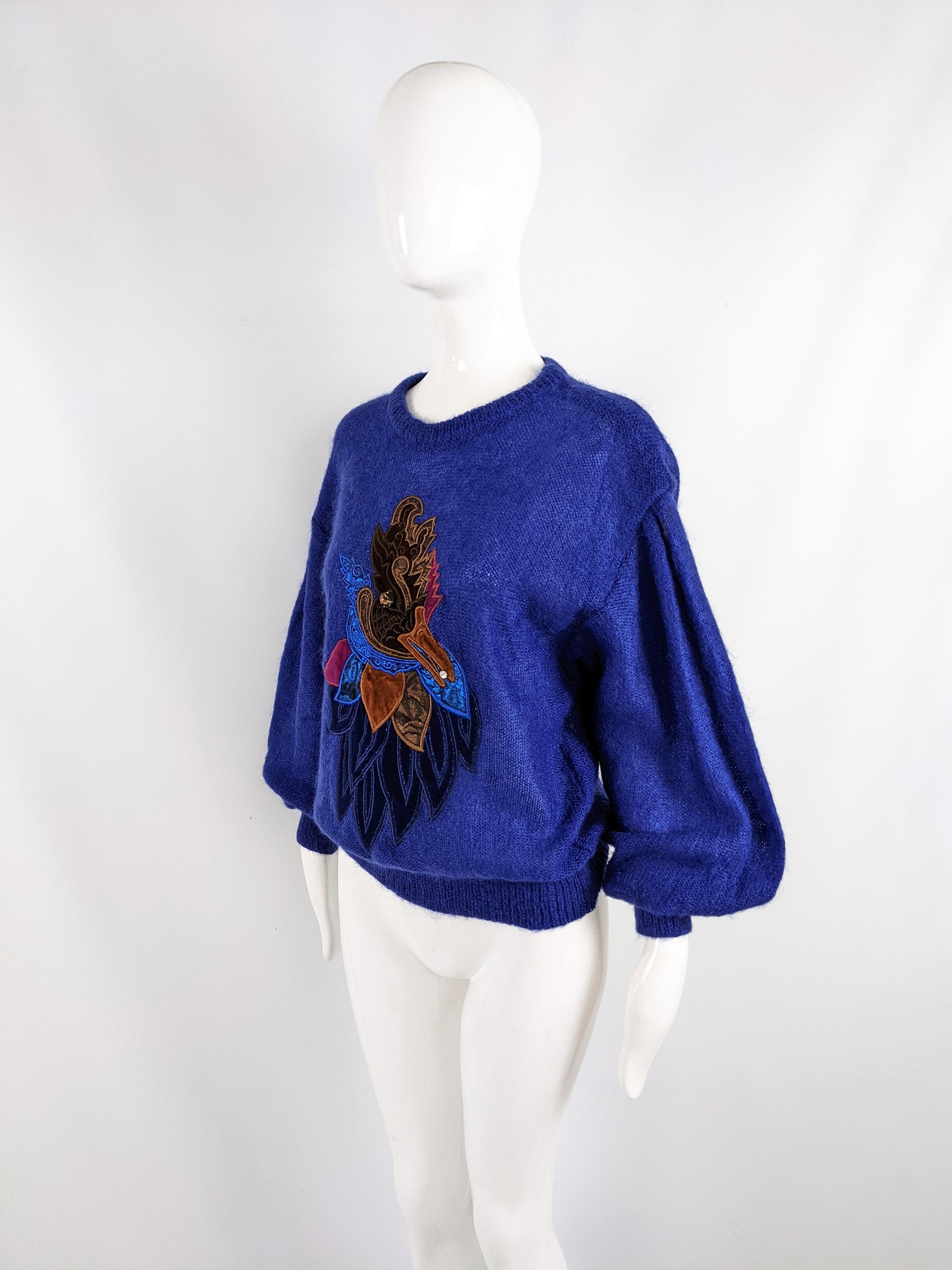 Escada Vintage 80s Dark Blue Mohair Womens Rooster Sweater Jumper,  1980s In Excellent Condition In Doncaster, South Yorkshire