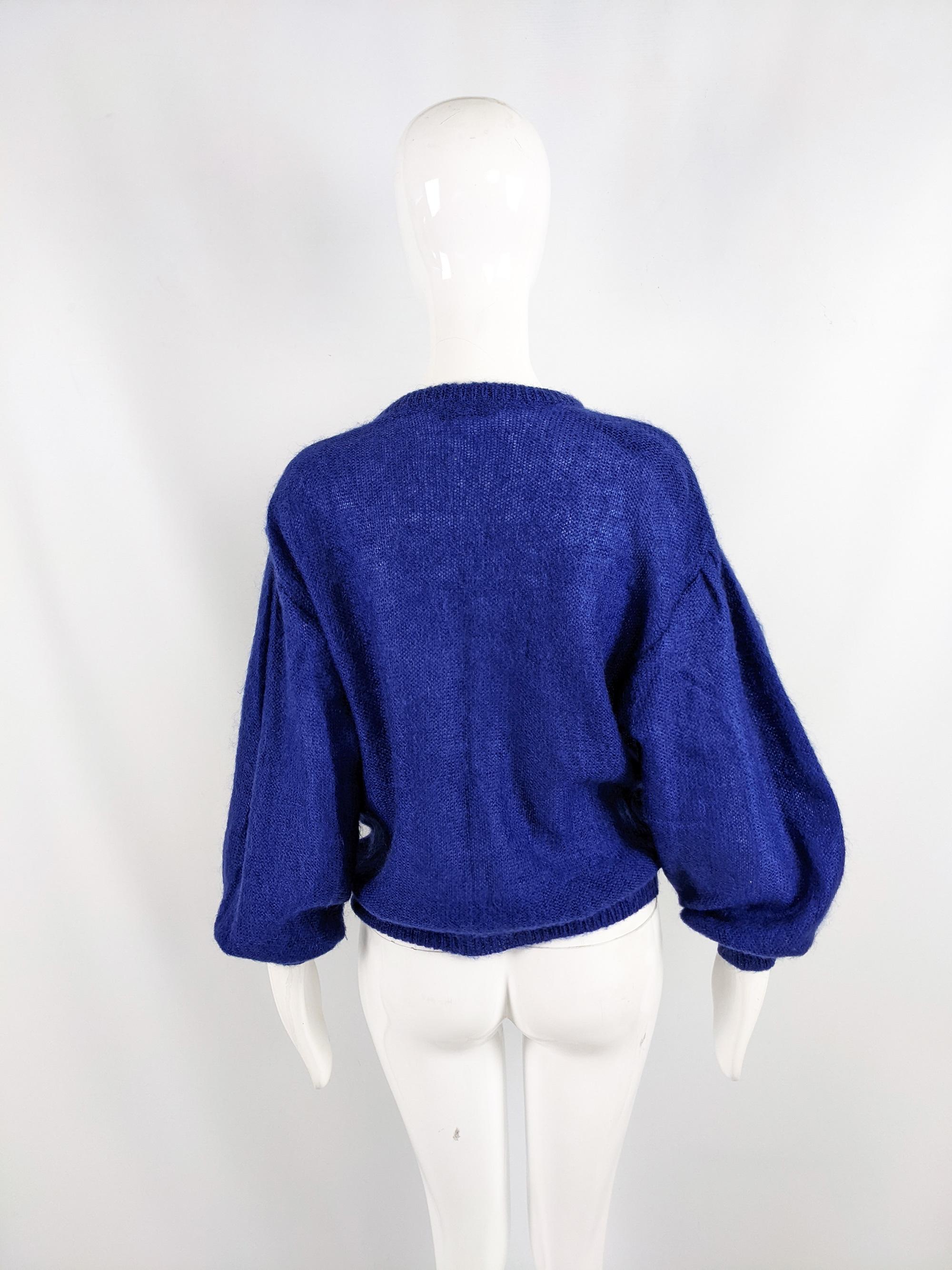 Women's Escada Vintage 80s Dark Blue Mohair Womens Rooster Sweater Jumper,  1980s