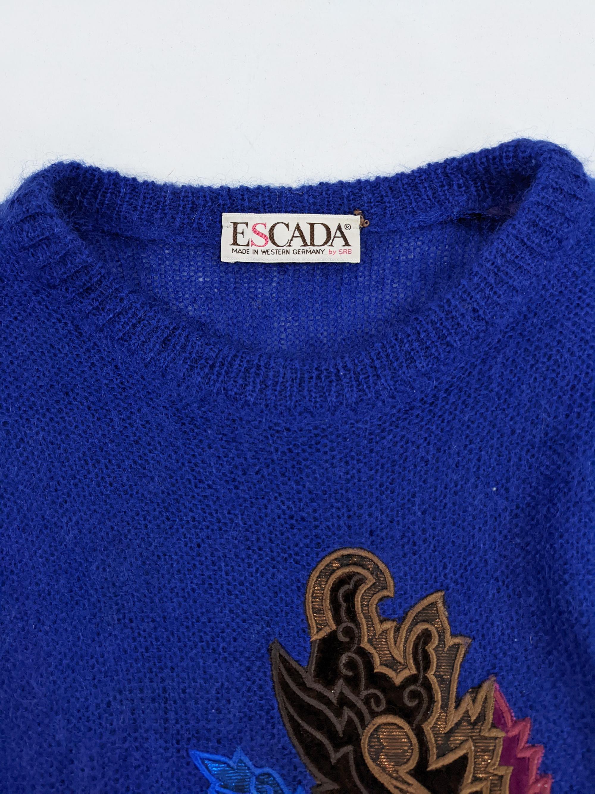 Escada Vintage 80s Dark Blue Mohair Womens Rooster Sweater Jumper,  1980s 2