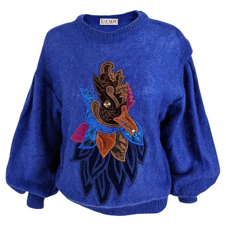 Escada Vintage 80s Dark Blue Mohair Womens Rooster Sweater Jumper,  1980s