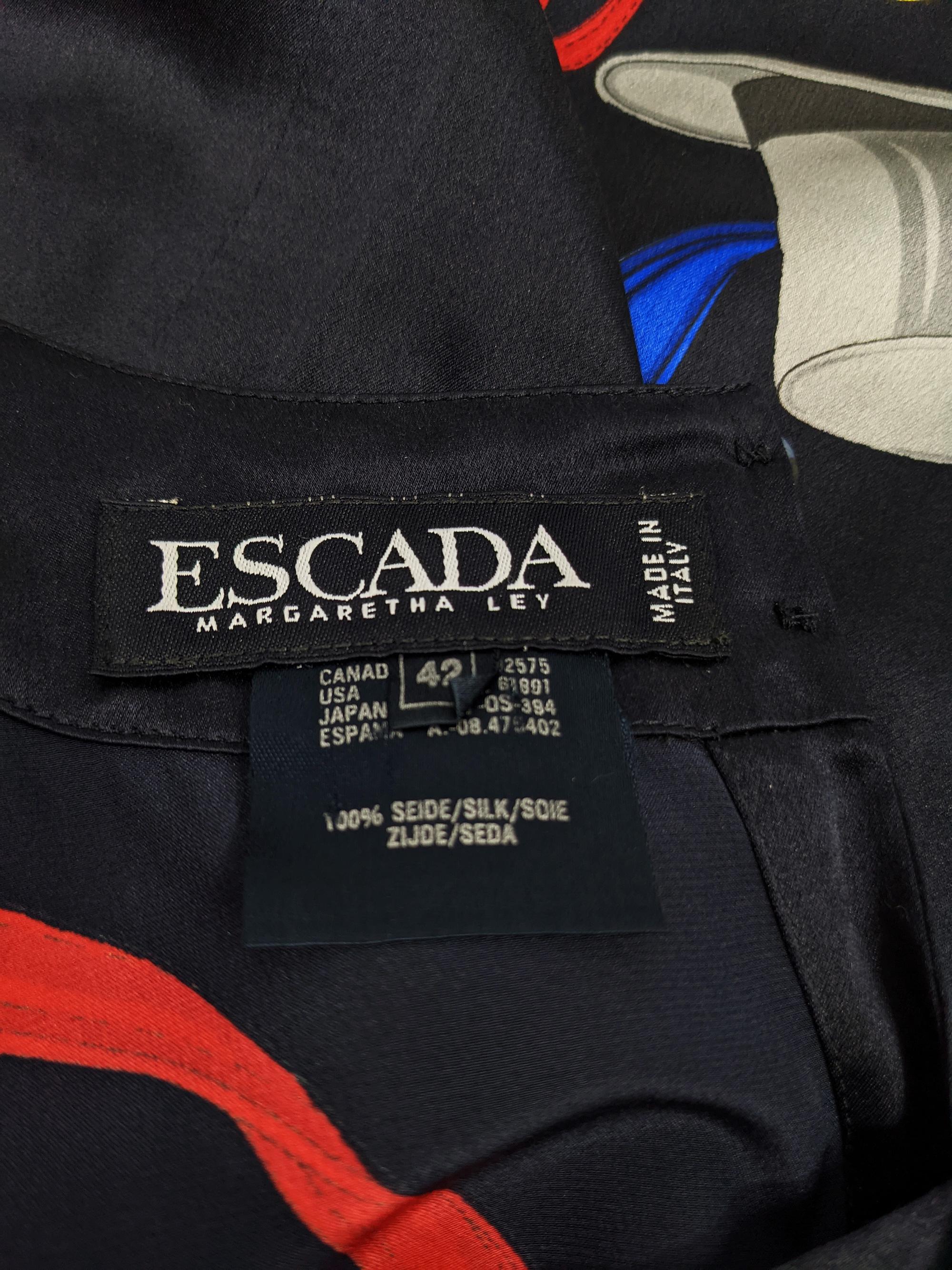 Escada Vintage 80s Navy Blue Pure Silk Scarf Print Short Sleeve Blouse, 1980s 1