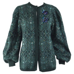 Escada Vintage 80s Womens Teal Mohair Knit Knitwear Cardigan Sweater, 1980s