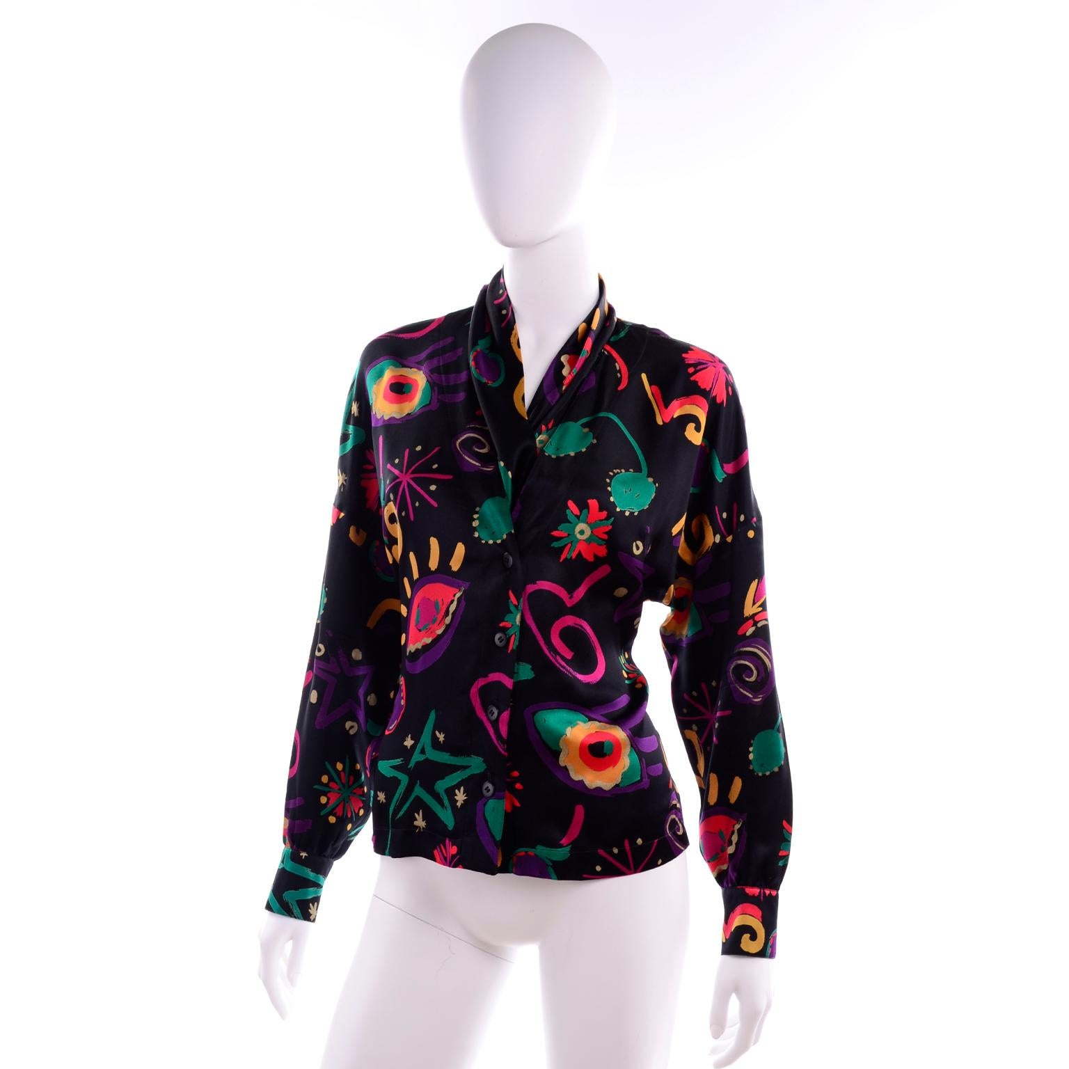 Escada Vintage Abstract Print 1980s Silk Statement Blouse Size 38 In Excellent Condition In Portland, OR