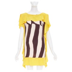 ESCADA Vintage abstract print yellow brown cream ruffle silk mini dress FR40 M