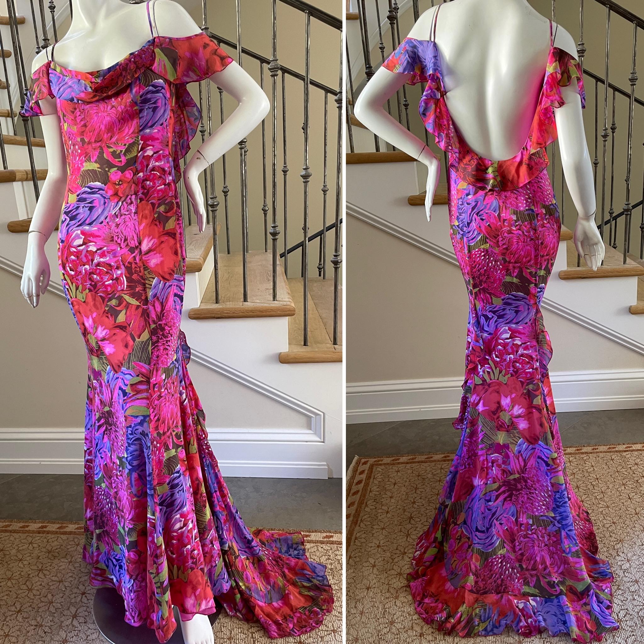 Escada Vintage Backless Silk Floral Print Ruffled Evening Dress with Train.
This is so pretty, with cold shoulders.
 Size 38
 Bust 35