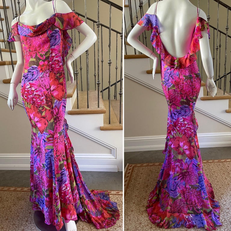 Escada Vintage Backless Silk Floral Print Ruffled Evening Dress with ...
