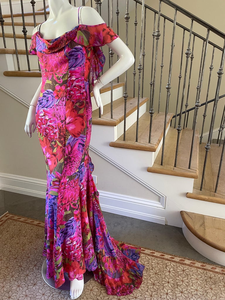 Escada Vintage Backless Silk Floral Print Ruffled Evening Dress