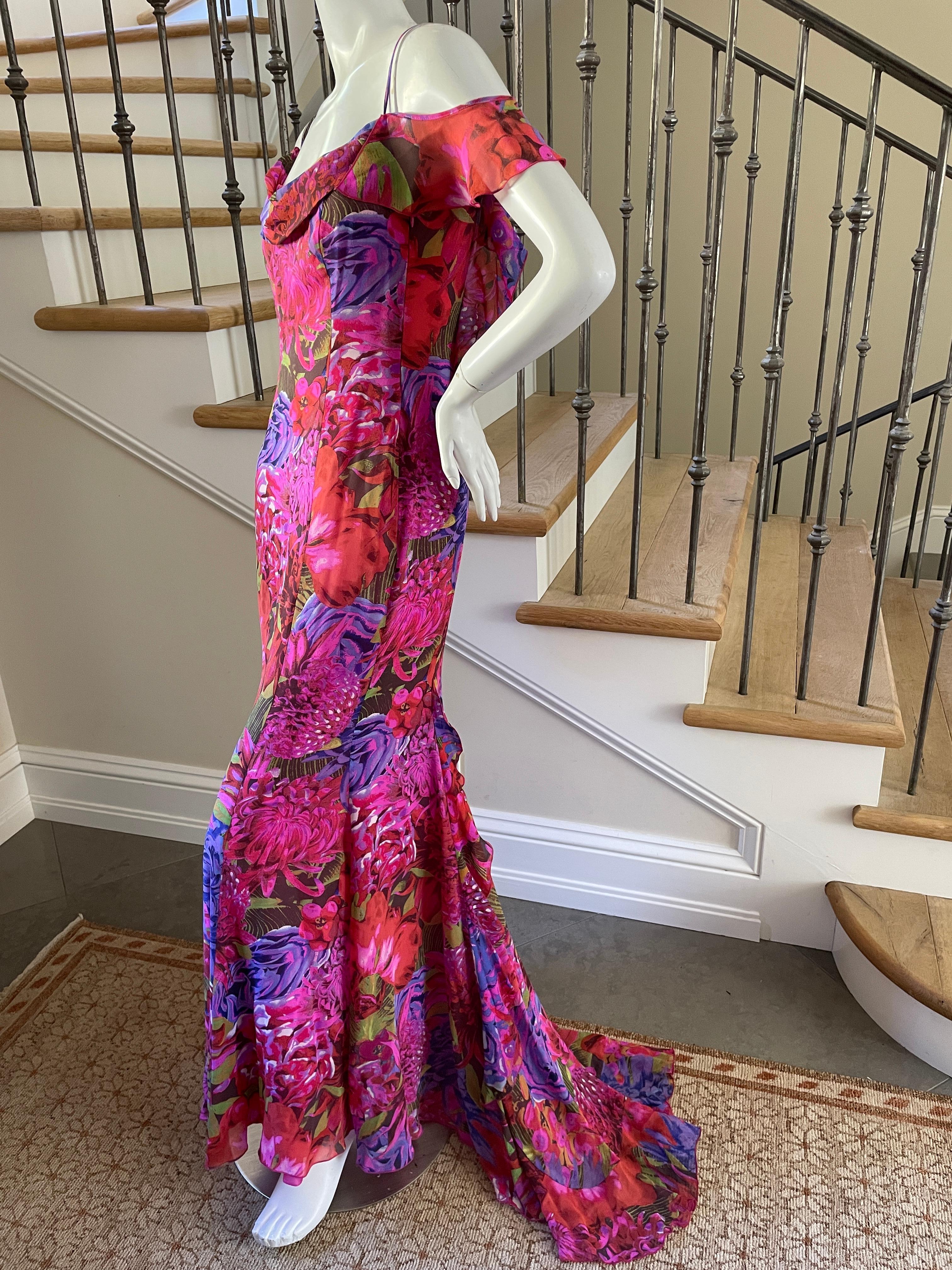 Purple Escada Vintage Backless Silk Floral Print Ruffled Evening Dress with Train