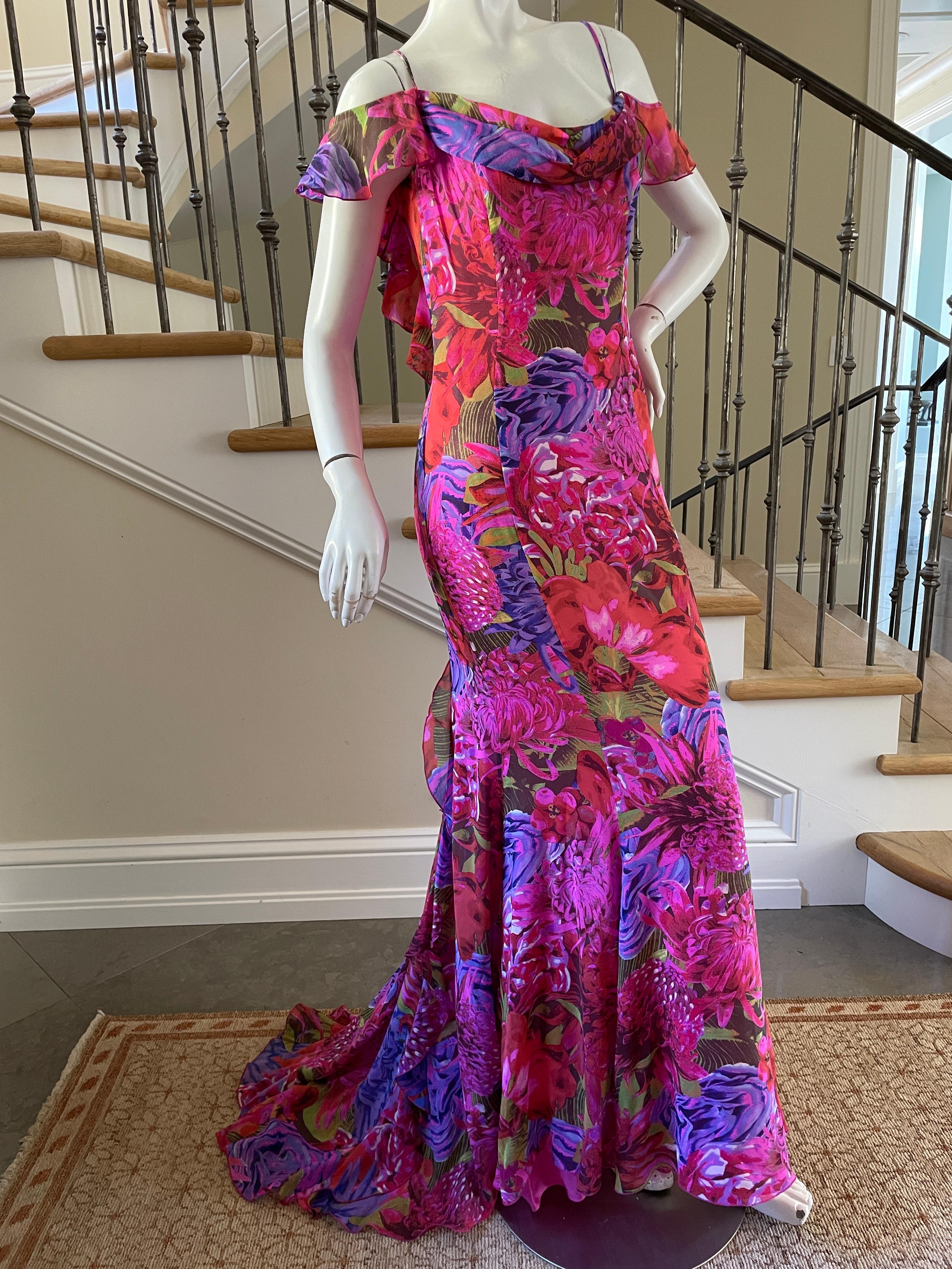 Escada Vintage Backless Silk Floral Print Ruffled Evening Dress with Train In Excellent Condition In Cloverdale, CA