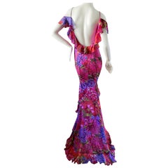 Escada Vintage Backless Silk Floral Print Ruffled Evening Dress with Train