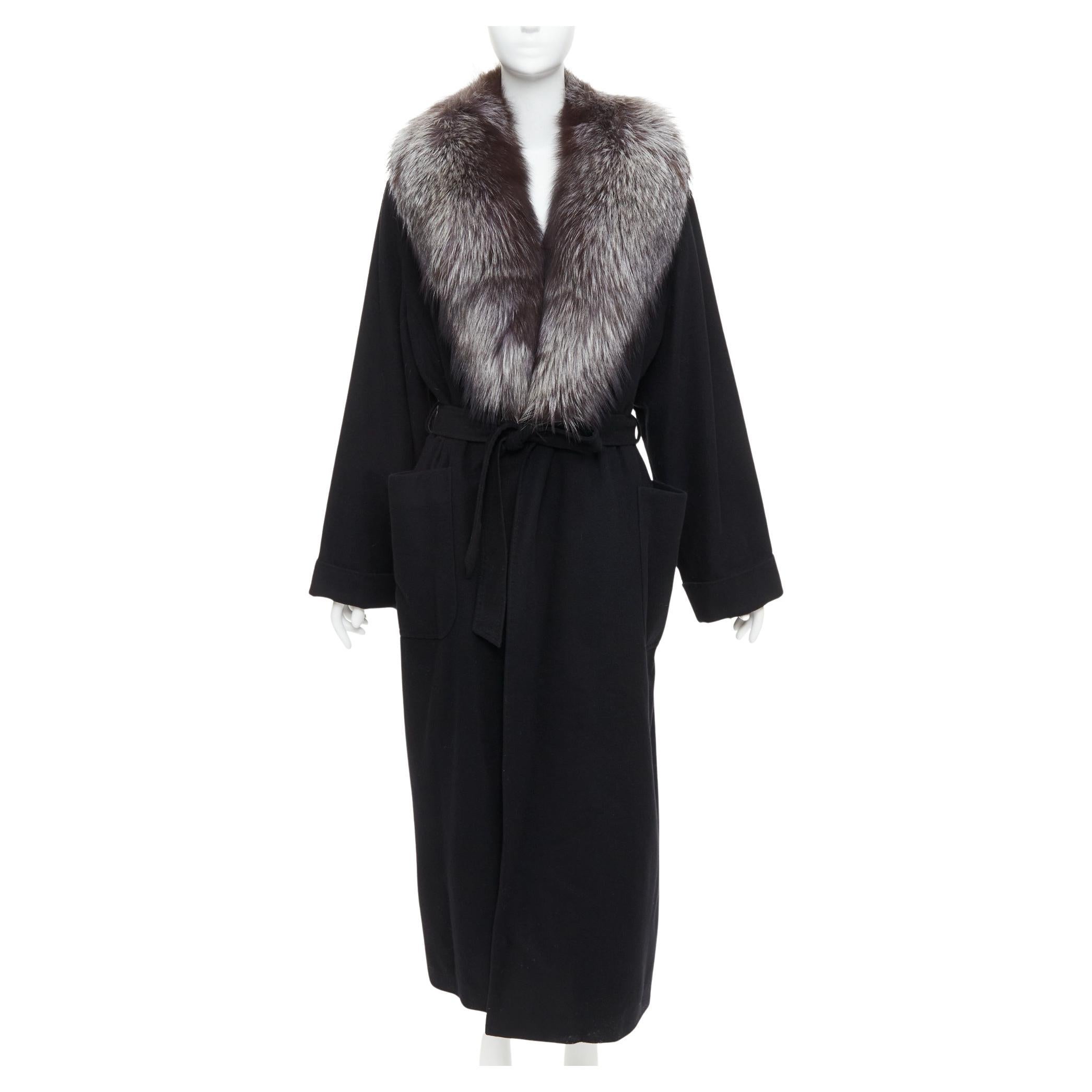 ESCADA Vintage black 100% cashmere brown fur collar belted long coat IT42 M