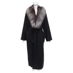 ESCADA Vintage black 100% cashmere brown fur collar belted long coat IT42 M