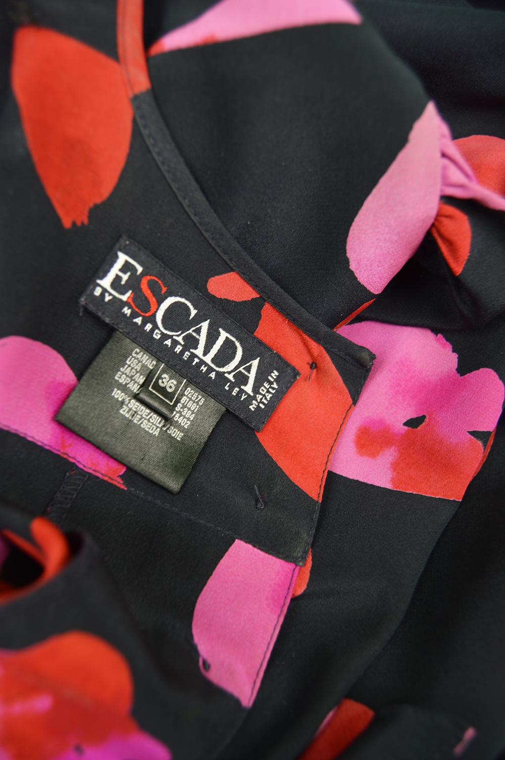 Escada Vintage Black & Red Floral Silk Short Sleeve Dress, 1990s 1