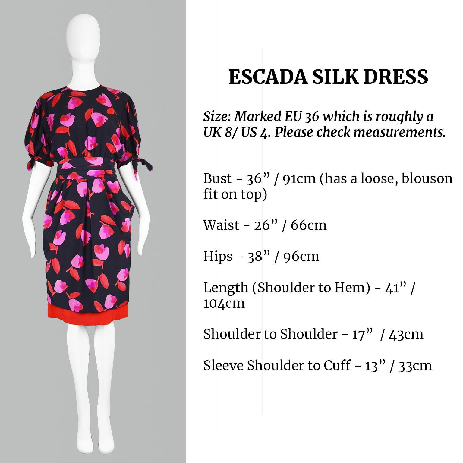 Escada Vintage Black & Red Floral Silk Short Sleeve Dress, 1990s 2